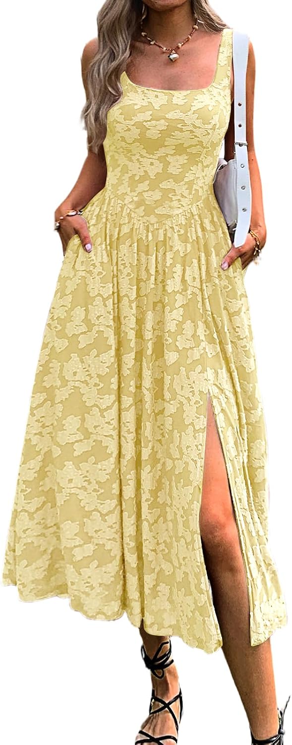 Mieazom Women's Floral Boho Flowy Slit Maxi Dress with Pockets | Square Neck,Drop Waist,Summer Beach Vacation,Cute Jacquard,Swing Long Sundress,A Line,Wedding Guest,Evening Dinner Party