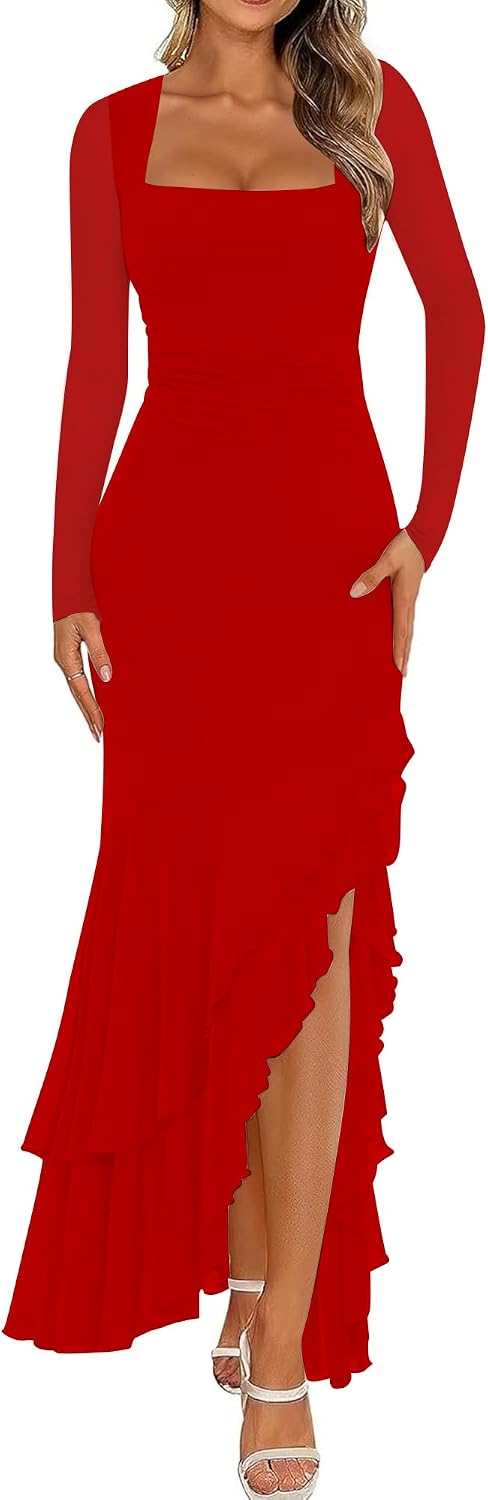 BORIFLORS Women's Bodycon Fall Wedding Guest Long Sleeve Maxi Dress | Mermaid Ruffle, Square Neck, Ruched Mesh,Winter, Elegant, Cocktail Formal Long Dresses