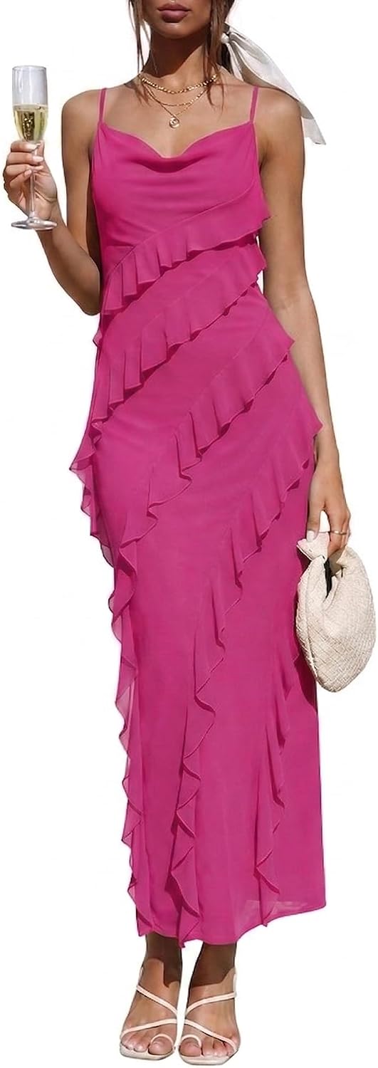 OULESIS Wedding Guest Dress for Women Ruffle Spaghetti Strap Formal Dresses | Summer Wedding Guest Dress for Women 2026 Spaghetti Strap Bodycon Maxi Dress Ruffle Formal Cocktail Dresses
