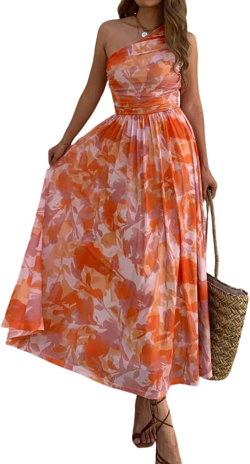 Evzeiem Women One Shoulder Floral Wedding Guest Maxi Dresses | Spring Summer Boho Beach Vacation Resort Dress,Flowy Party Garden Cruise Outfit Sundress, Ruched Mesh Night Out Formal Dress