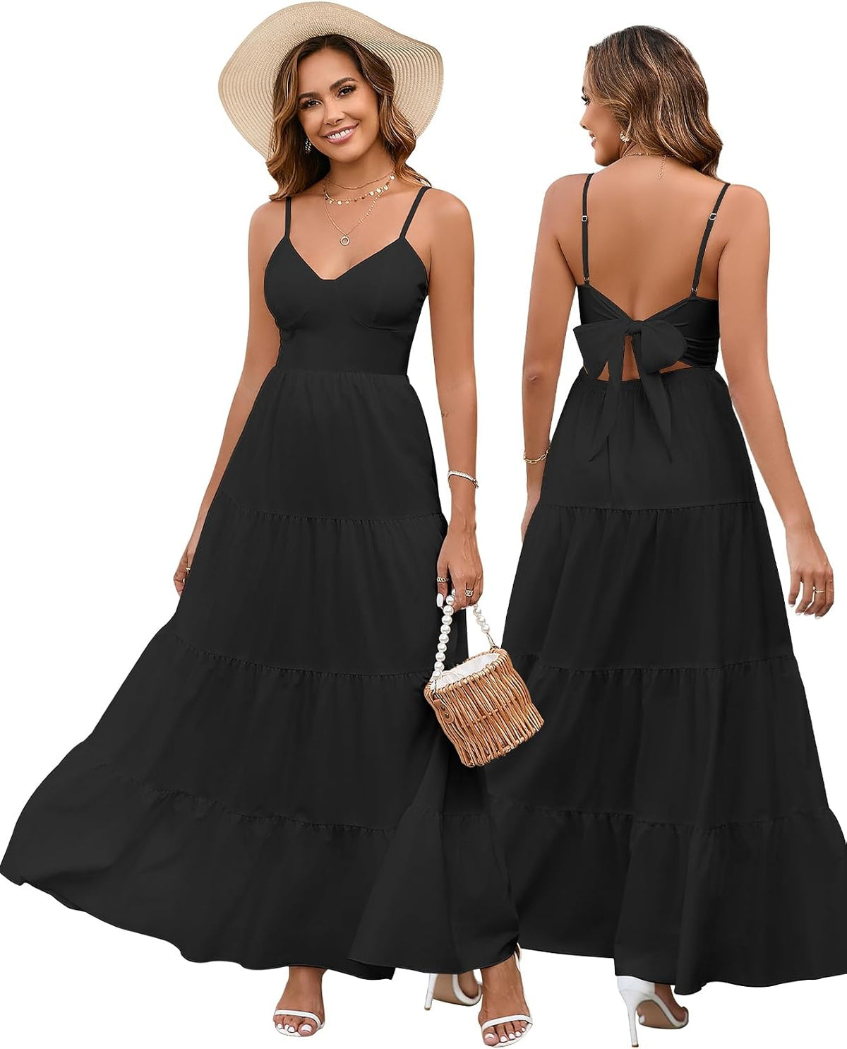 HTZMO Women Summer Floral Maxi Sundress Boho Beach Long Dress | Wedding Guest Bridal baby Shower Vacation Party Dresses 2026, Bow Tie A Line Flowy V Neck Spaghetti Strap