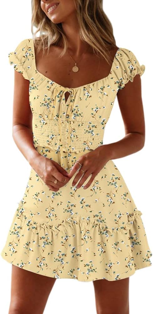 YOBECHO Women Summer Sundress Cap Sleeve Sweetheart Neck Print Mini Dress | Sundresses, Smocked Waist, Boho Floral, Flowy Ruffle Hem, Beach, Country Concert, Date Night