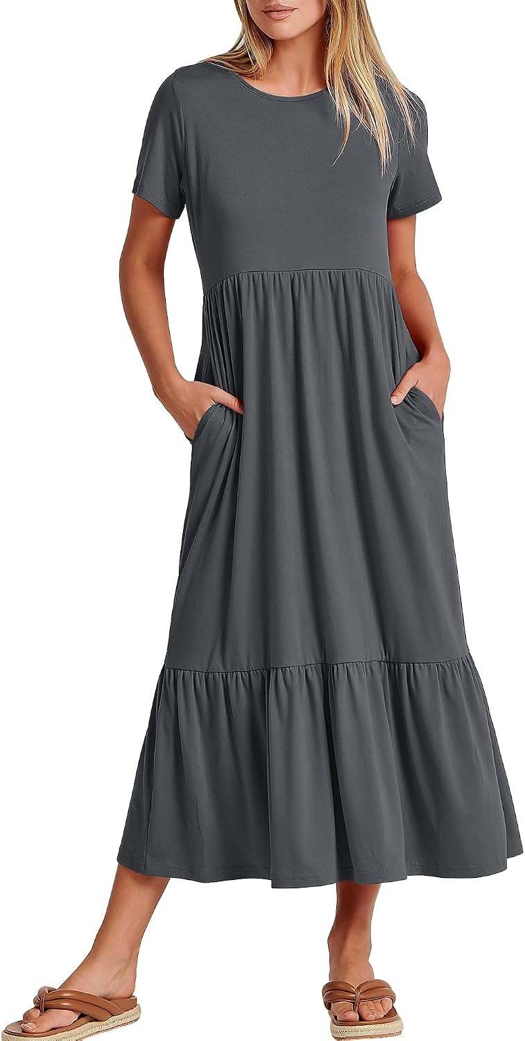 ANRABESS Womens 2026 Summer Casual Short Sleeve Maxi Dress with Pockets | A-Line Tiered Flowy Crewneck T Shirt Dresses，Comfy Modest Long Dress，Beach Travel Vacation Sundress，Work Teacher Outfits