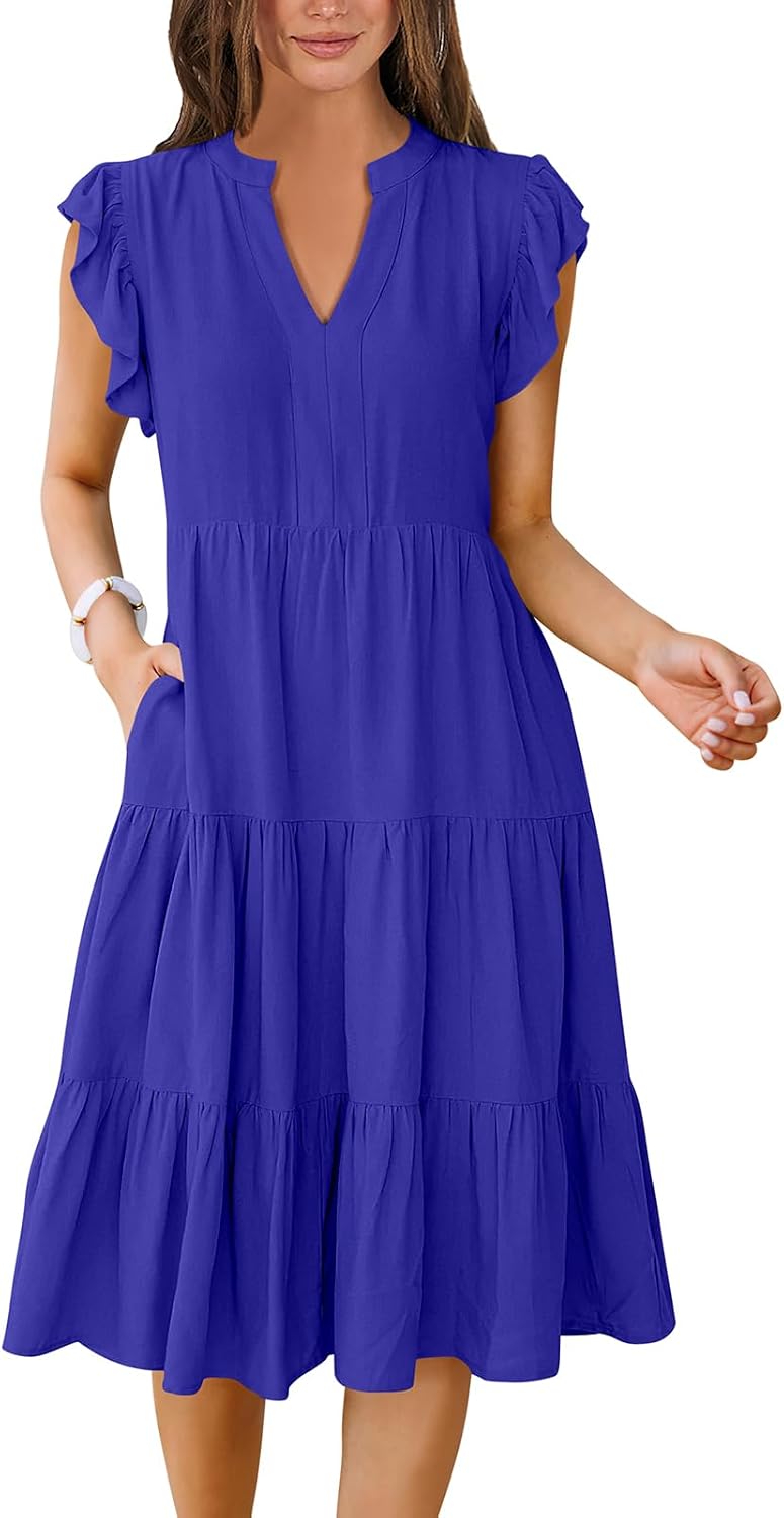 ANRABESS Womens Summer Dress Ruffle Sleeve V Neck Midi Dresses | Flowy Tiered Boho Beach Sundress, Casual Fit Knee Length, Fashion Vacation Work Outfits 2026