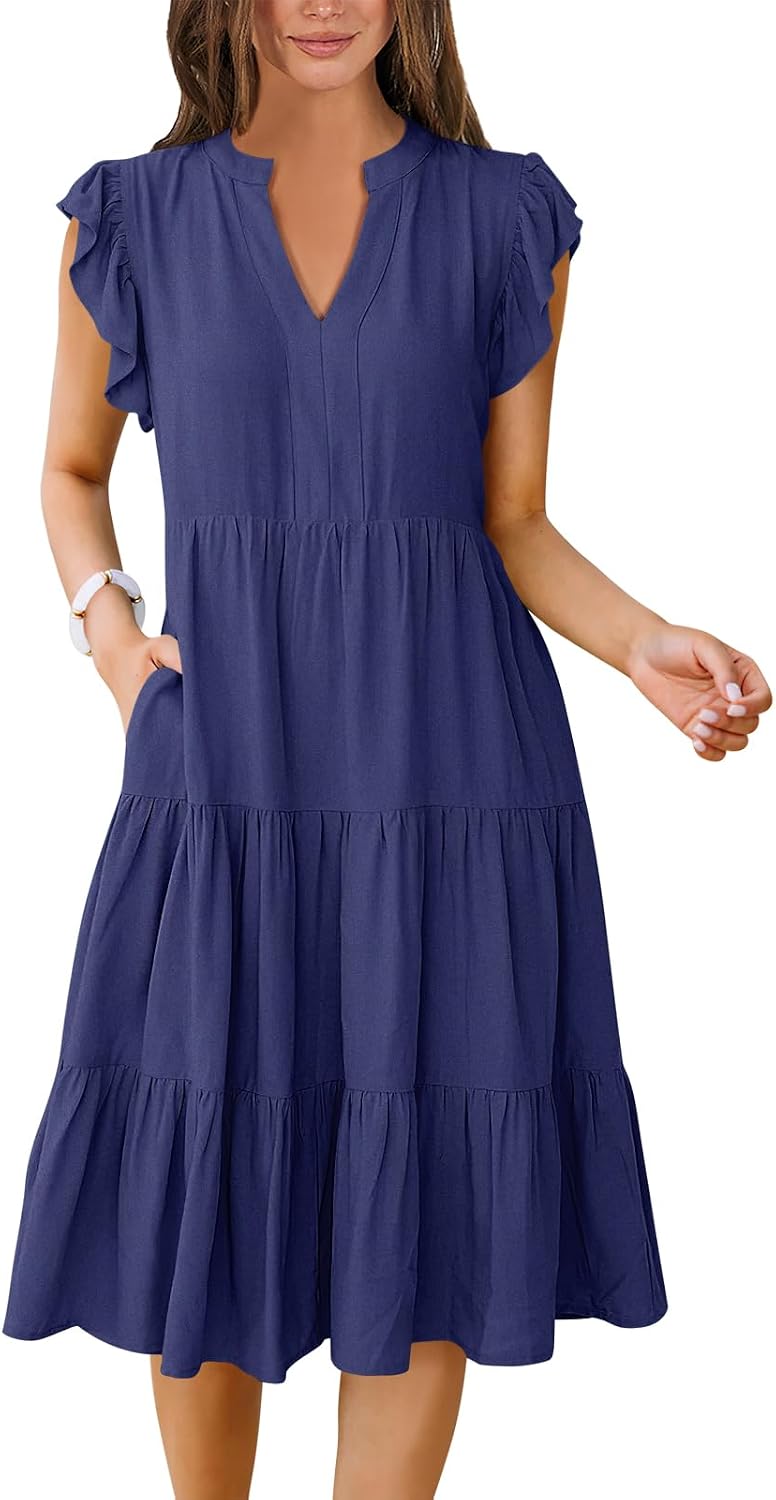 ANRABESS Womens Summer Dress Ruffle Sleeve V Neck Midi Dresses | Flowy Tiered Boho Beach Sundress, Casual Fit Knee Length, Fashion Vacation Work Outfits 2026