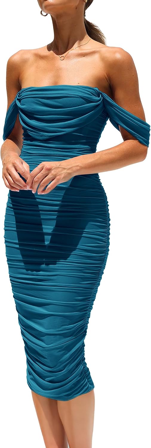 PRETTYGARDEN Women's Off Shoulder Bodycon Tube Midi Dress | Stretchy Ruched Mesh, Draped Sleeves, Elegant Dinner Party Dresses, Spring Summer Outfits for Wedding, Homecoming, Date Night