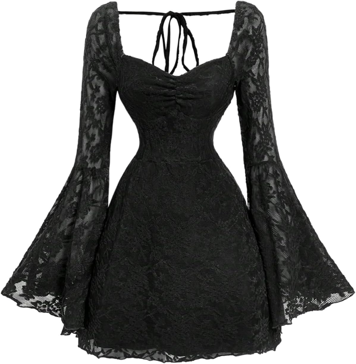 WDIRARA Women's Floral Jacquard Gothic Bell Long Sleeve Dress | Mesh , A Line, Vintage