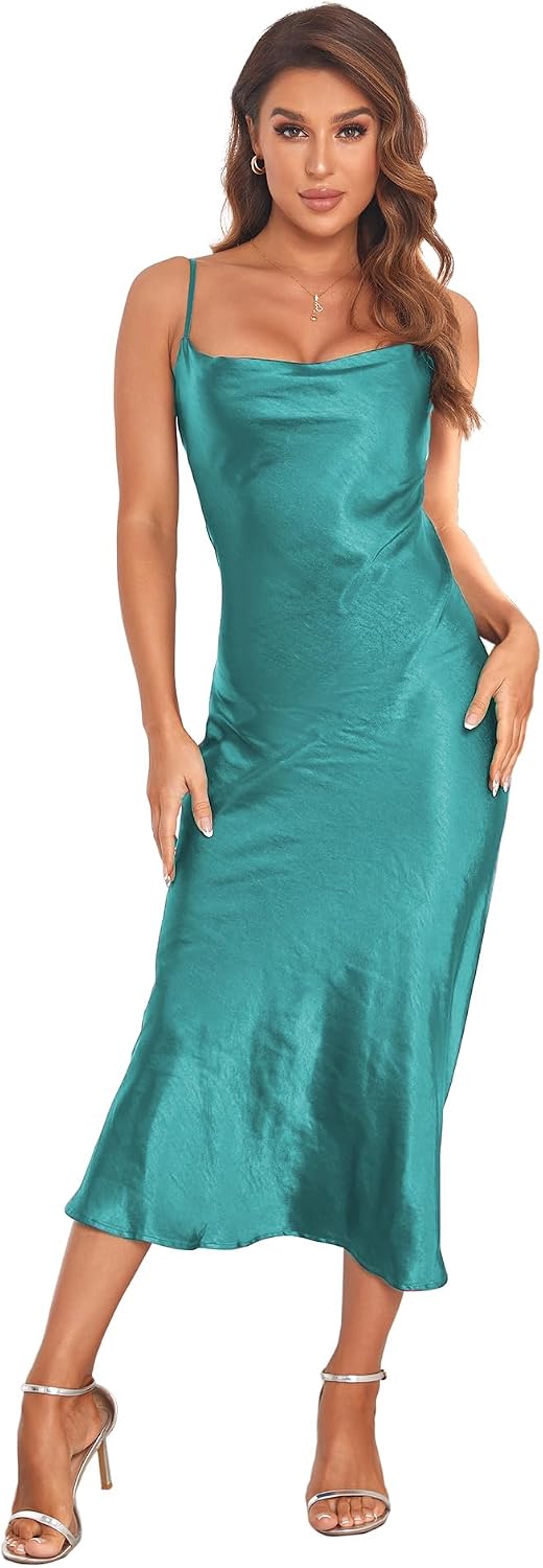 Women's Spaghetti Strap Midi Satin Silk Dresses Slip Cowl Neck Party Cocktail Evening Sexy Dress