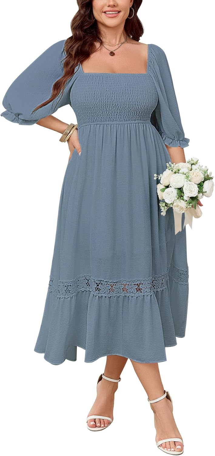 SCOMCHIC Womens 2026 Plus Size Fall Dresses White Bridal Shower Maxi Dress | Square Neck, Smocked, Spring, Flowy A-Line, Lace Trim, Boho, Wedding Guest, Tea Party Dress