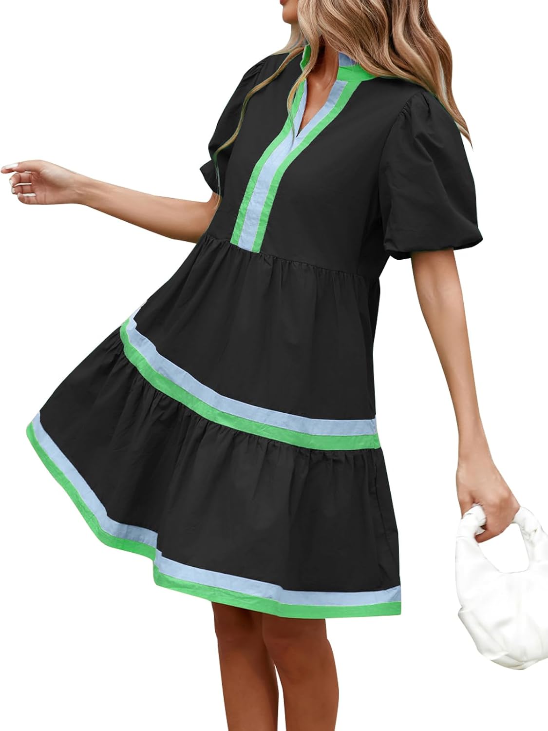 LifeShe Womens Puff Sleeve Babydoll Dress V Neck Navy Blue Striped Color Block Tiered Mini Dresses