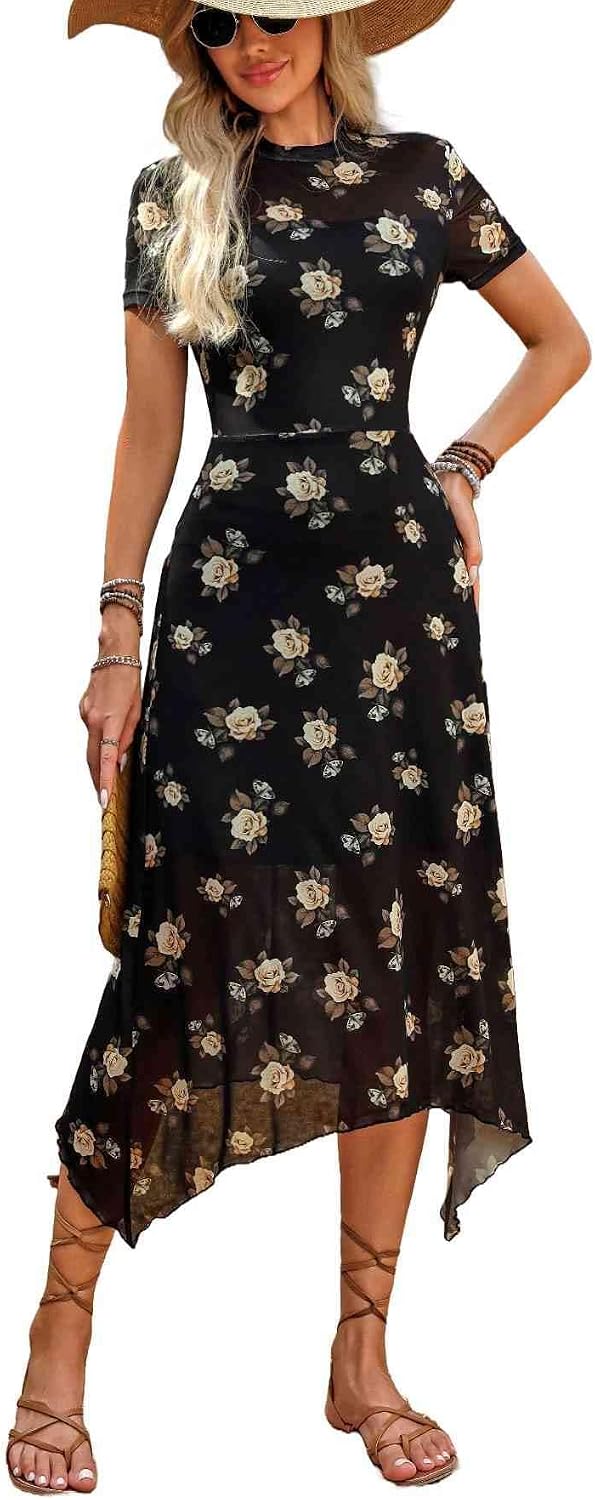 GothDark Women Summer Wedding Guest Floral Mesh Irregular Hem Midi Dress | A-Line, Short Sleeve, Sheer Mesh Overlay, Elegant Vintage Dresses For Party, Semi Formal, Vacation, Dinner, Church