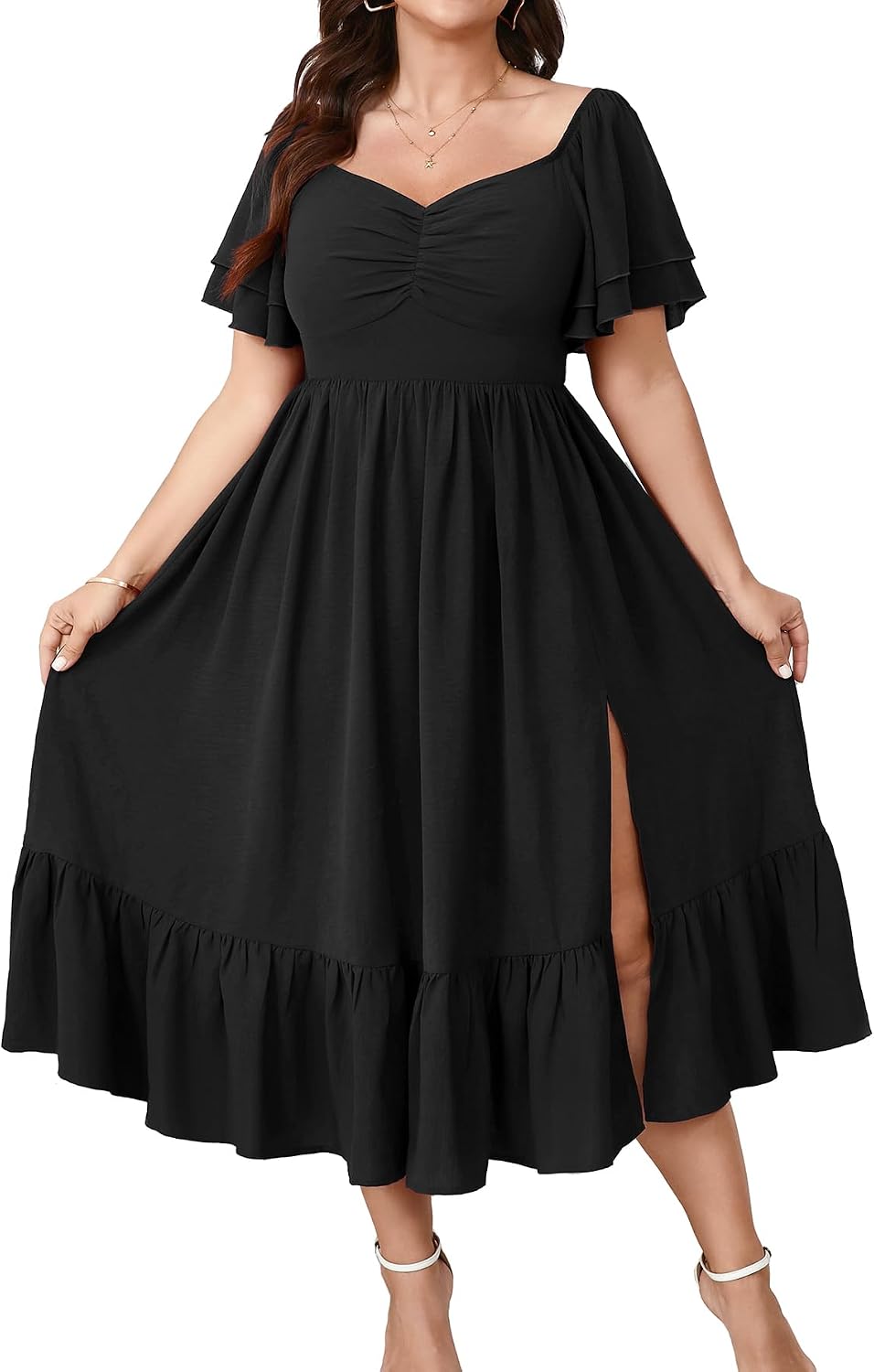 SCOMCHIC Womens Plus Size Wedding Guest Cocktail Dresses | Sweetheart Neckline, Short Sleeve, Smocked, Ruffle Slit, Party, Formal, Summer, Long, Maxi Dress