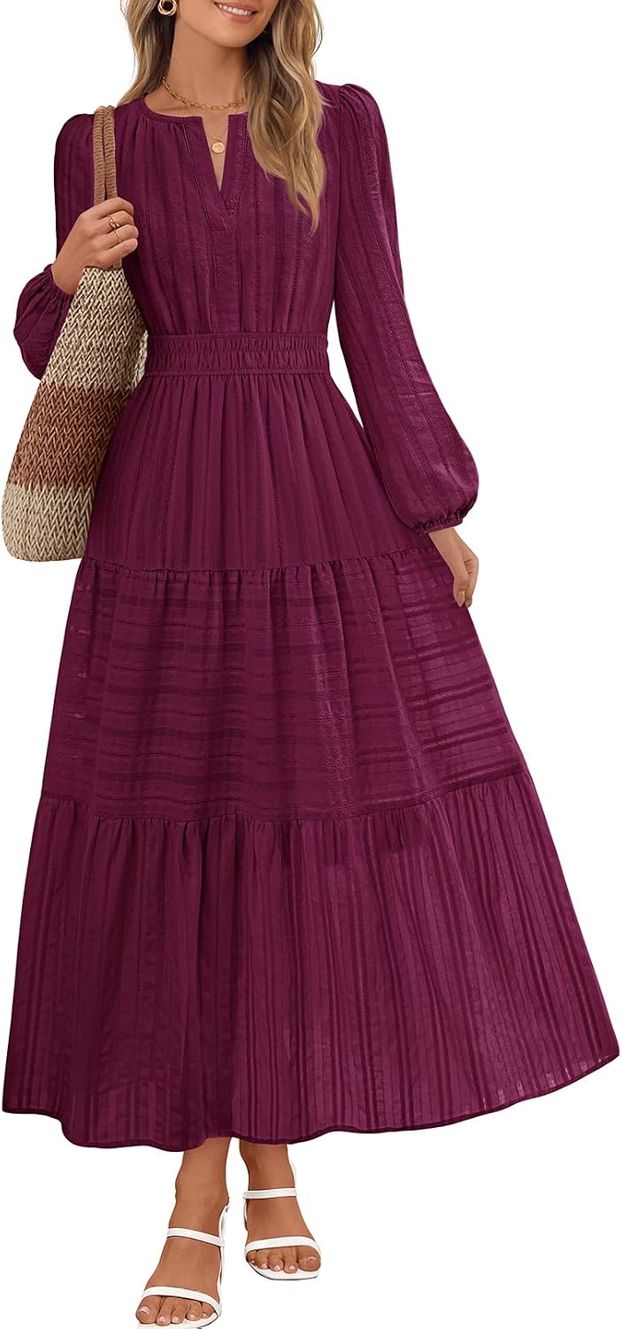 MEROKEETY Womens Fall Puff Long Sleeve Casual V Neck Modest Midi Maxi Dress | 2026, Cotton, with Pockets, Eyelets, Shirred Waist, Tiered, Lined, Winter, Boho, Relaxed Fit, Church, Elegant, Bridal Shower
