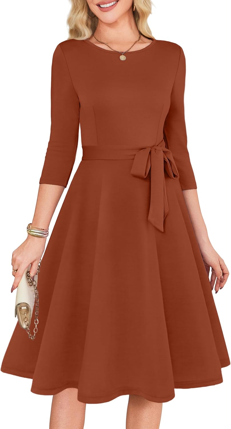 RUMIA Womens Cocktail Dresses 3\/4 Sleeve Dress with Belt (XS-3XL) | Wrinkle-resistant & Tummy-flattering Vintage Fit. Ideal for Wedding Guest, Church, Work, Vacation & Holiday events.