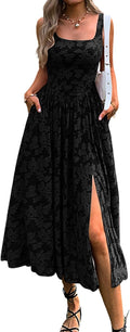 Mieazom Women's Floral Boho Flowy Slit Maxi Dress with Pockets | Square Neck,Drop Waist,Summer Beach Vacation,Cute Jacquard,Swing Long Sundress,A Line,Wedding Guest,Evening Dinner Party
