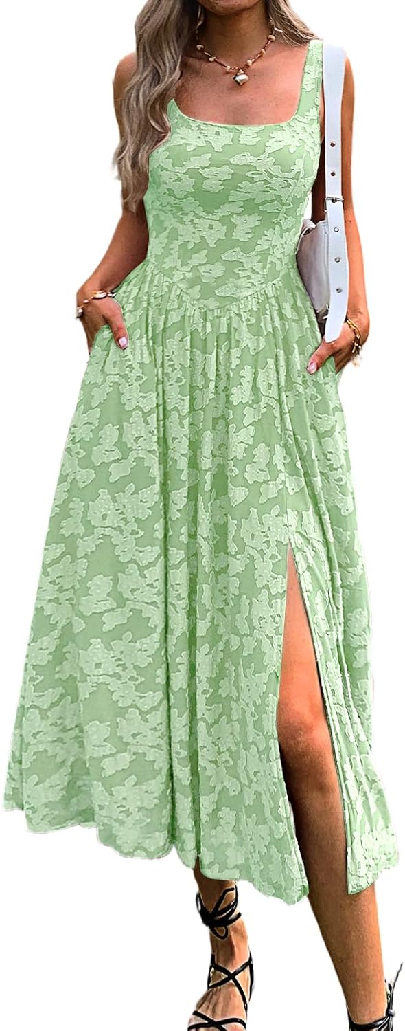 Mieazom Women's Floral Boho Flowy Slit Maxi Dress with Pockets | Square Neck,Drop Waist,Summer Beach Vacation,Cute Jacquard,Swing Long Sundress,A Line,Wedding Guest,Evening Dinner Party