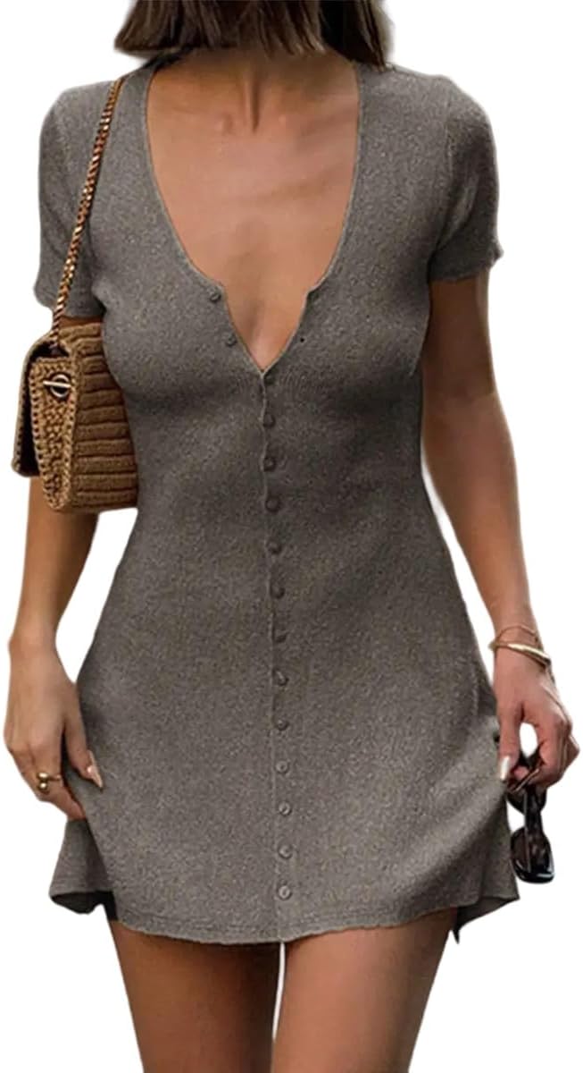GCZREN Women Sexy Deep V Neck Button Front Knit Mini Dress Elegant Short Sleeve Ribbed Flowy Hem A-Line Short Dress