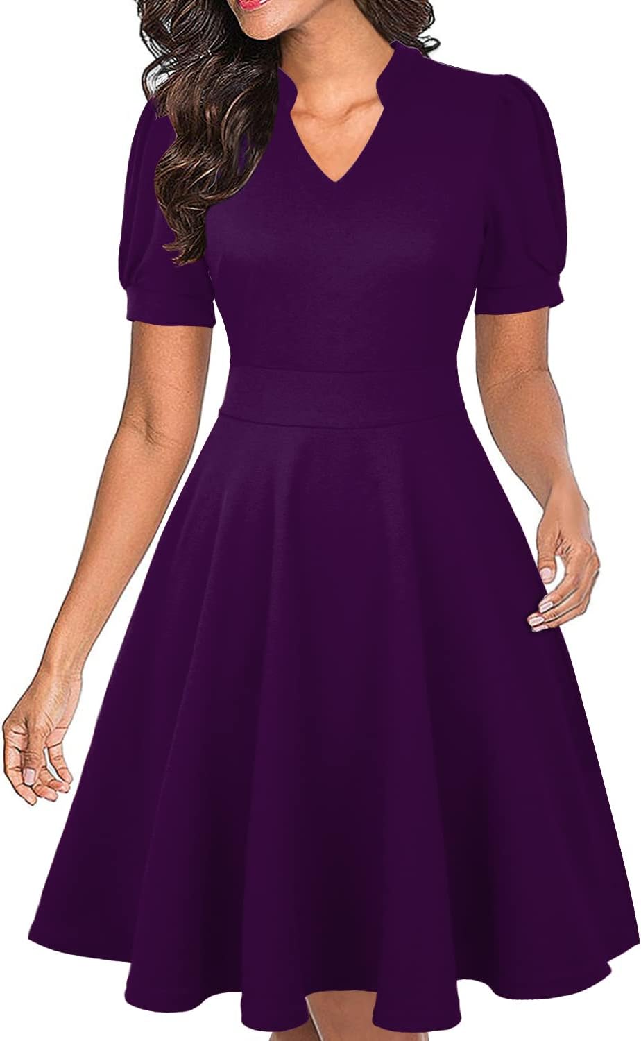 Mokayee Womens Summer Short Puff Sleeve Casual Semi-Formal Fit and Flare Church Wedding Guest Work Dresses with Pockets