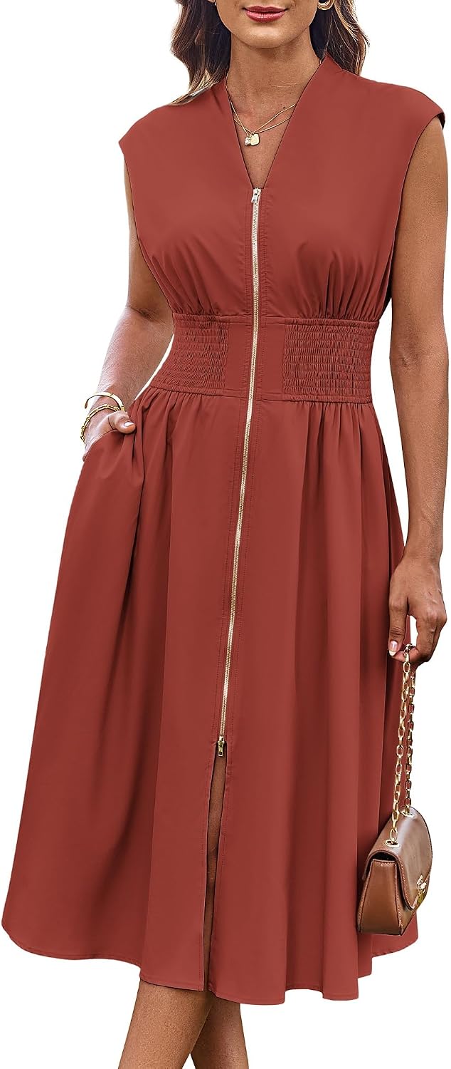 GRACE KARIN Womens Casual Dress, Business Office Work Homecoming Dresses | 2026, Cap Sleeve, Zipper Front, V Neck, Professional, Knee Length, Sleeveless, Flowy, Midi, Fall, Formal, Wedding, Hoco