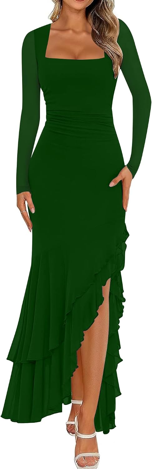 BORIFLORS Women's Bodycon Fall Wedding Guest Long Sleeve Maxi Dress | Mermaid Ruffle, Square Neck, Ruched Mesh,Winter, Elegant, Cocktail Formal Long Dresses