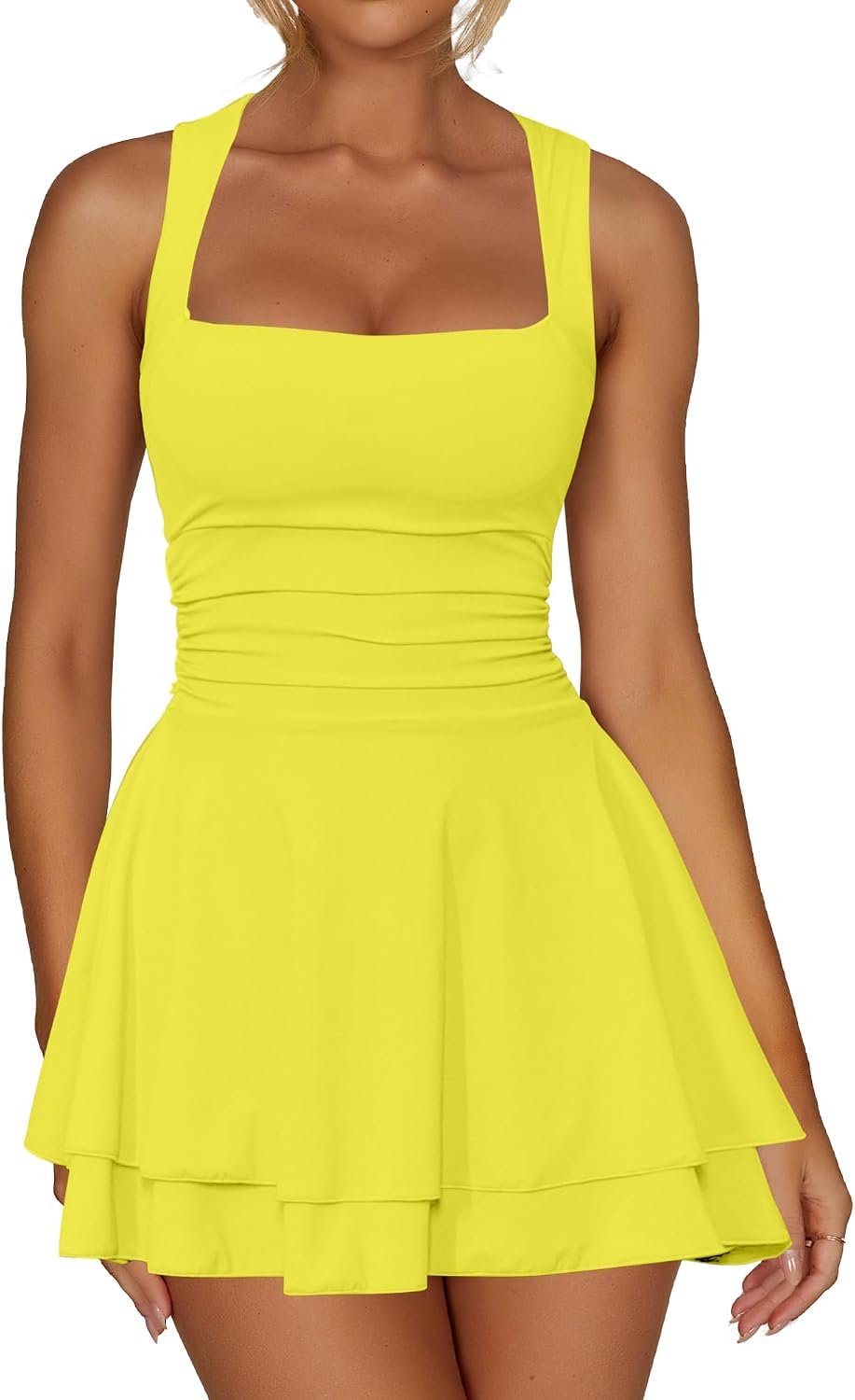 Kaximil Women's Square Neck Ruffle Hem Party Mini Dress | A Line Corset Ruched Waist Cute Birthday Homecoming Short Dresses