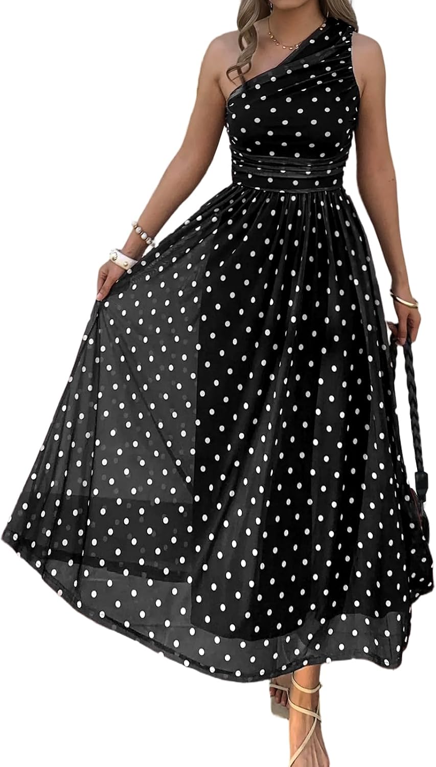Evzeiem Women One Shoulder Floral Wedding Guest Maxi Dresses | Spring Summer Boho Beach Vacation Resort Dress,Flowy Party Garden Cruise Outfit Sundress, Ruched Mesh Night Out Formal Dress