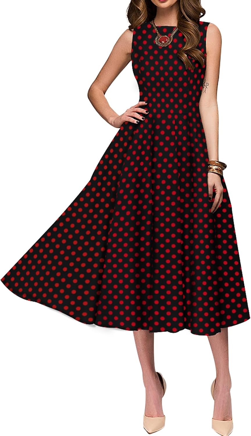 Simple Flavor Women's Vintage 1950s Cocktail Midi Dress | Sleeveless, Cotton, Boat neck, Retro tea length, Fit and flare a-line swing, Tea party derby church dress with pockets