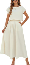 HangNiFang Summer Skirt Sets Women 2 Piece Outfits Maxi Dress Sets Pocketed | Cap Sleeve Side Split Tops, Elastic Waist Maxi Dress, Two Piece Skirt Sets, Two Side Pockets, Flowy Skirt, Cool Fabric