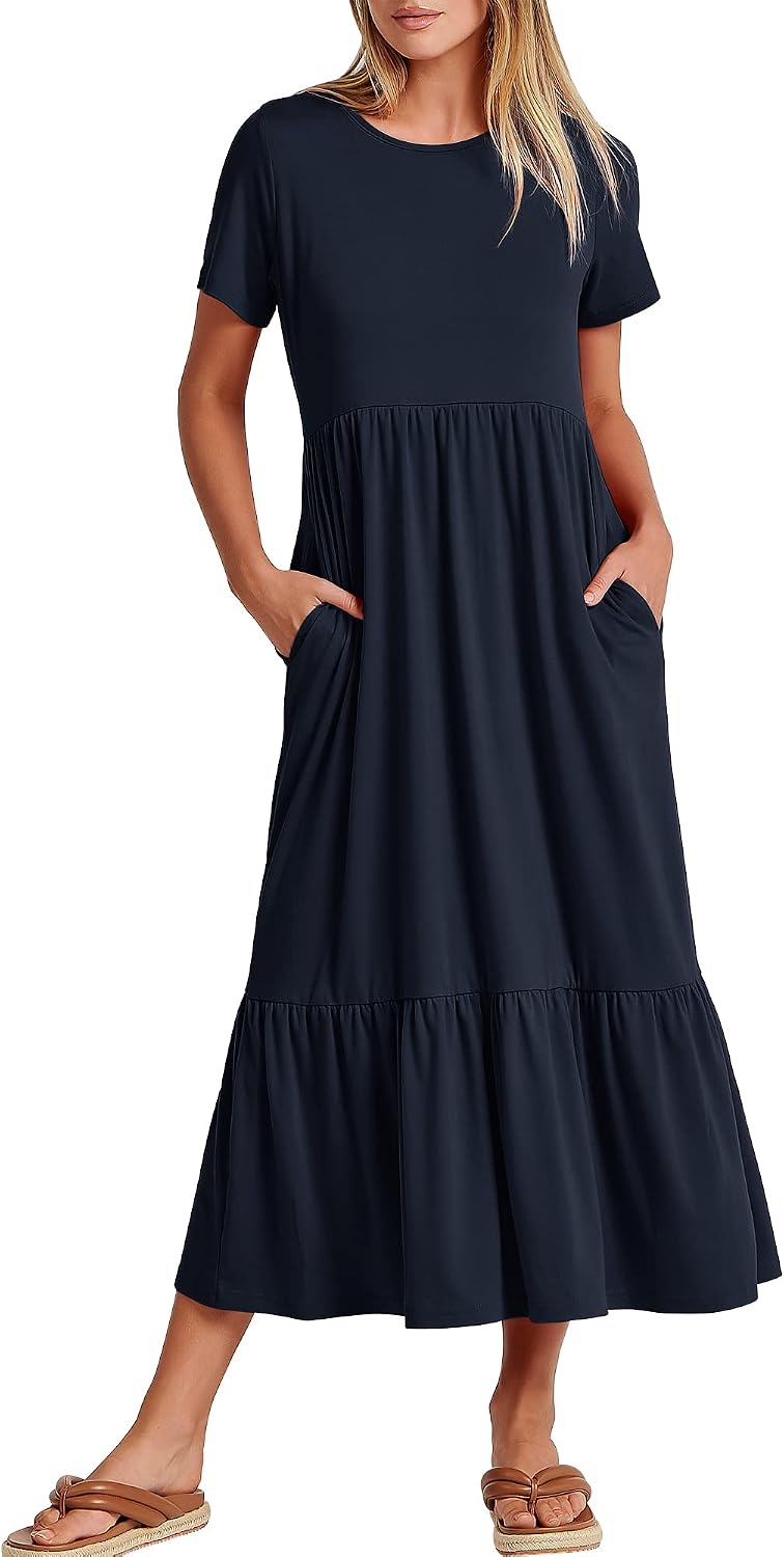 ANRABESS Womens 2026 Summer Casual Short Sleeve Maxi Dress with Pockets | A-Line Tiered Flowy Crewneck T Shirt Dresses，Comfy Modest Long Dress，Beach Travel Vacation Sundress，Work Teacher Outfits