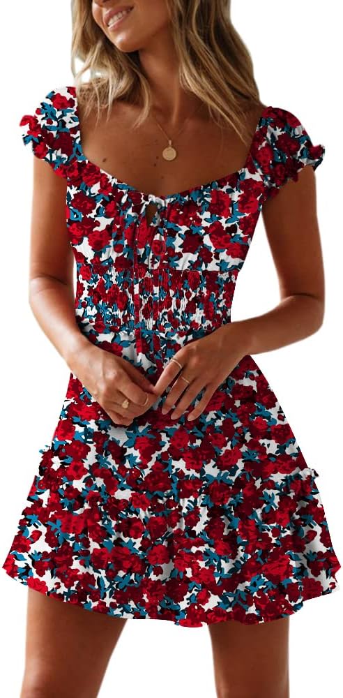 YOBECHO Women Summer Sundress Cap Sleeve Sweetheart Neck Print Mini Dress | Sundresses, Smocked Waist, Boho Floral, Flowy Ruffle Hem, Beach, Country Concert, Date Night