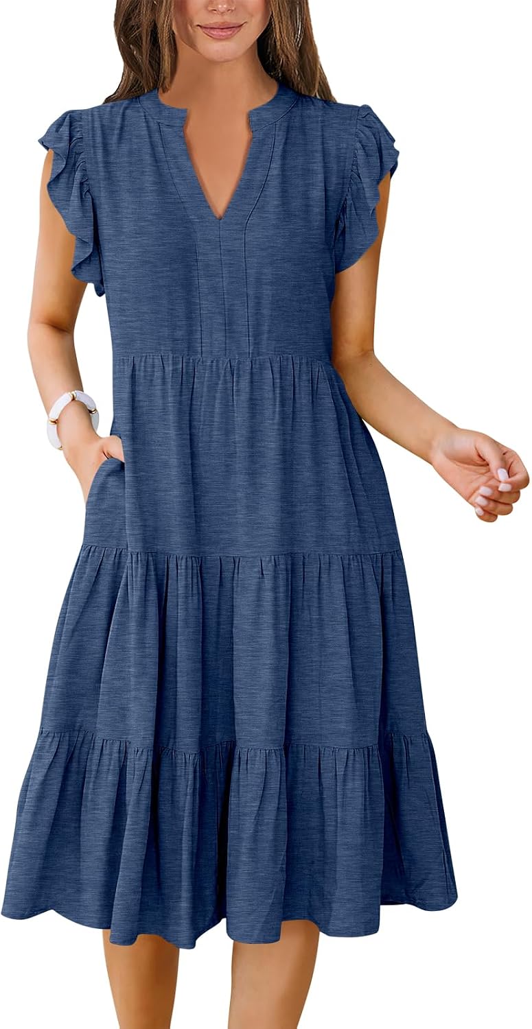 ANRABESS Womens Summer Dress Ruffle Sleeve V Neck Midi Dresses | Flowy Tiered Boho Beach Sundress, Casual Fit Knee Length, Fashion Vacation Work Outfits 2026