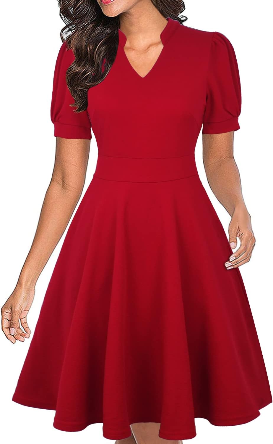 Mokayee Womens Summer Short Puff Sleeve Casual Semi-Formal Fit and Flare Church Wedding Guest Work Dresses with Pockets