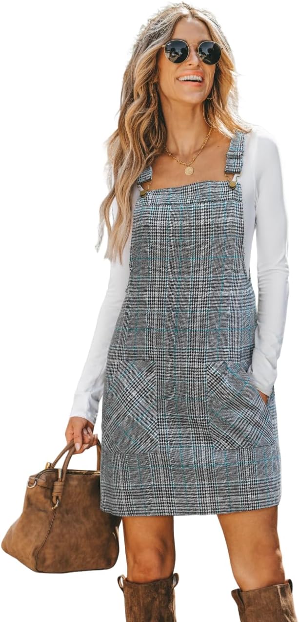 CUPSHE Women Corduroy Square Neck Wide Strap Fall Overall Mini Dress | Velvety Ribbed Texture, Front Bib Pocket, Utility Patch Pouches, High-Looped Buckle Fasteners, Casual Warm Autumn Outfits
