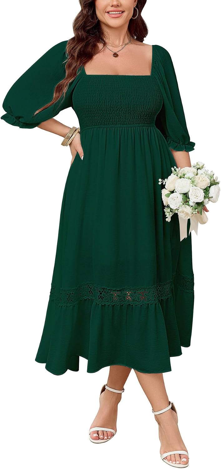 SCOMCHIC Womens 2026 Plus Size Fall Dresses White Bridal Shower Maxi Dress | Square Neck, Smocked, Spring, Flowy A-Line, Lace Trim, Boho, Wedding Guest, Tea Party Dress