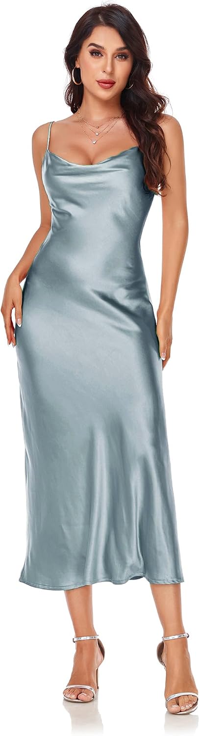 Women's Spaghetti Strap Midi Satin Silk Dresses Slip Cowl Neck Party Cocktail Evening Sexy Dress