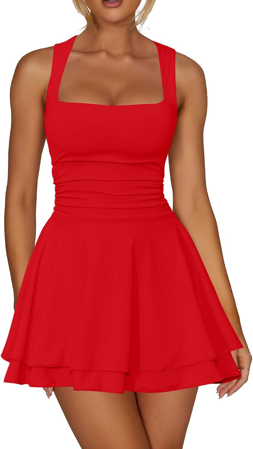 Kaximil Women's Square Neck Ruffle Hem Party Mini Dress | A Line Corset Ruched Waist Cute Birthday Homecoming Short Dresses
