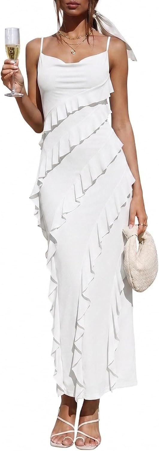 OULESIS Wedding Guest Dress for Women Ruffle Spaghetti Strap Formal Dresses | Summer Wedding Guest Dress for Women 2026 Spaghetti Strap Bodycon Maxi Dress Ruffle Formal Cocktail Dresses