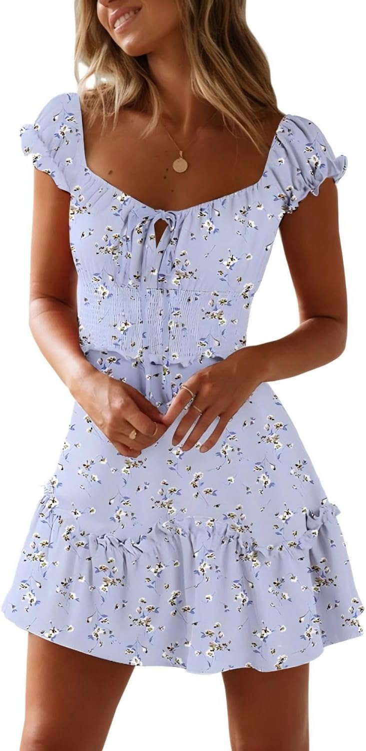 YOBECHO Women Summer Sundress Cap Sleeve Sweetheart Neck Print Mini Dress | Sundresses, Smocked Waist, Boho Floral, Flowy Ruffle Hem, Beach, Country Concert, Date Night