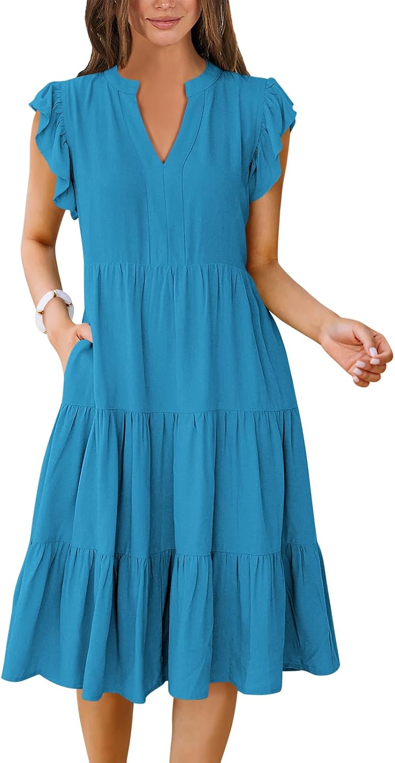ANRABESS Womens Summer Dress Ruffle Sleeve V Neck Midi Dresses | Flowy Tiered Boho Beach Sundress, Casual Fit Knee Length, Fashion Vacation Work Outfits 2026