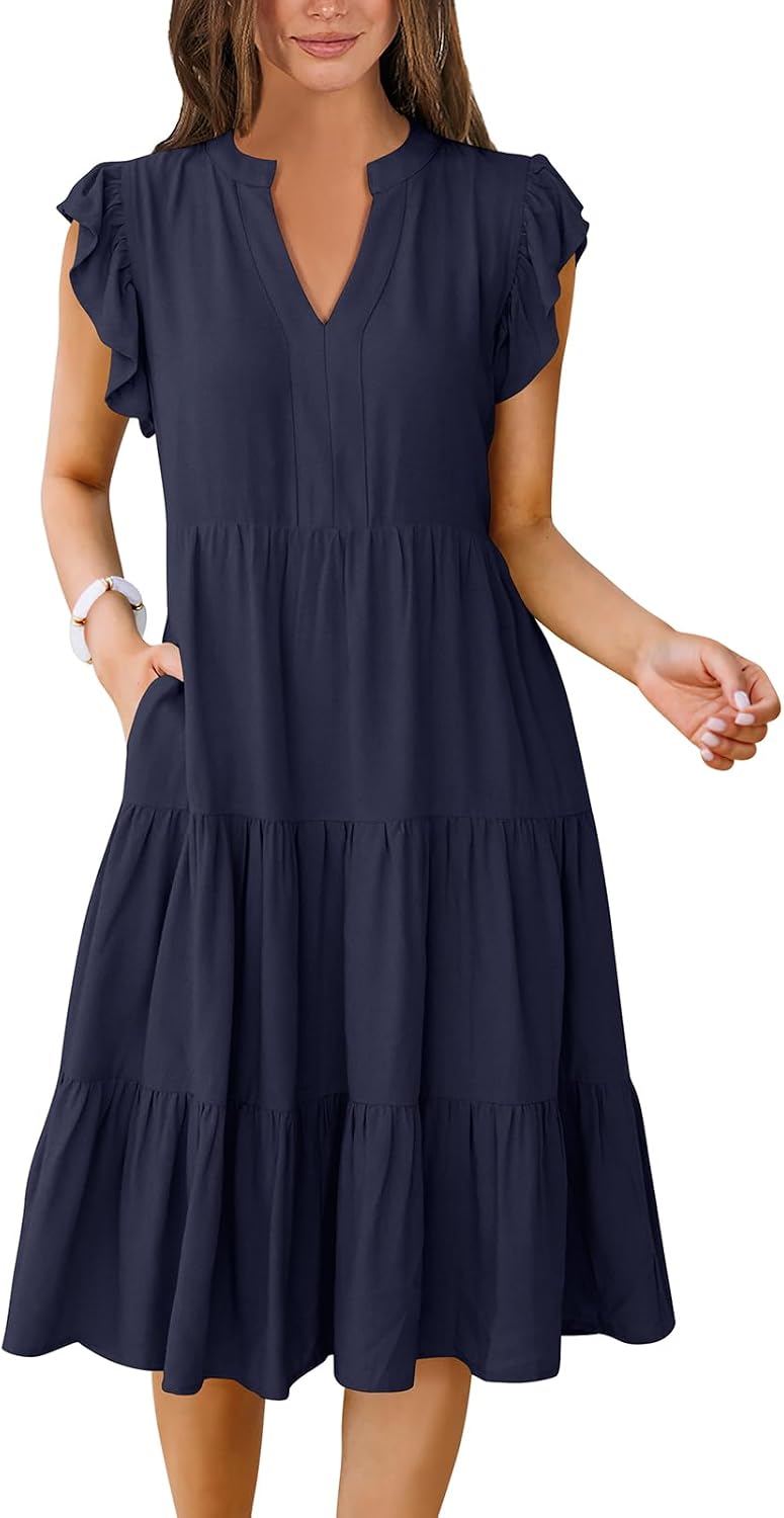ANRABESS Womens Summer Dress Ruffle Sleeve V Neck Midi Dresses | Flowy Tiered Boho Beach Sundress, Casual Fit Knee Length, Fashion Vacation Work Outfits 2026