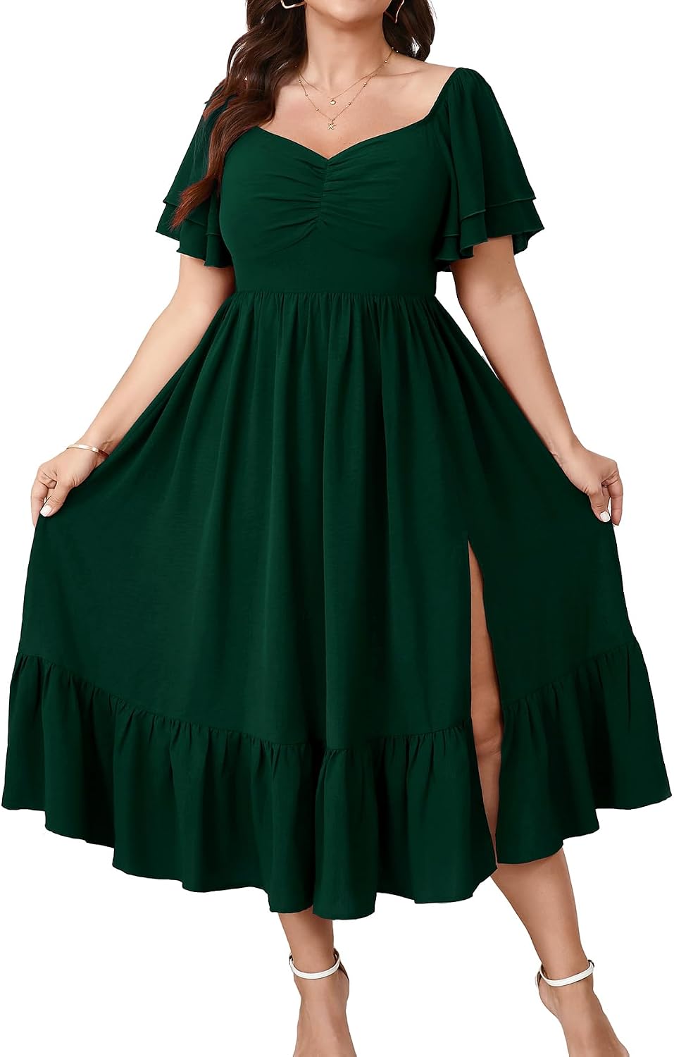 SCOMCHIC Womens Plus Size Wedding Guest Cocktail Dresses | Sweetheart Neckline, Short Sleeve, Smocked, Ruffle Slit, Party, Formal, Summer, Long, Maxi Dress