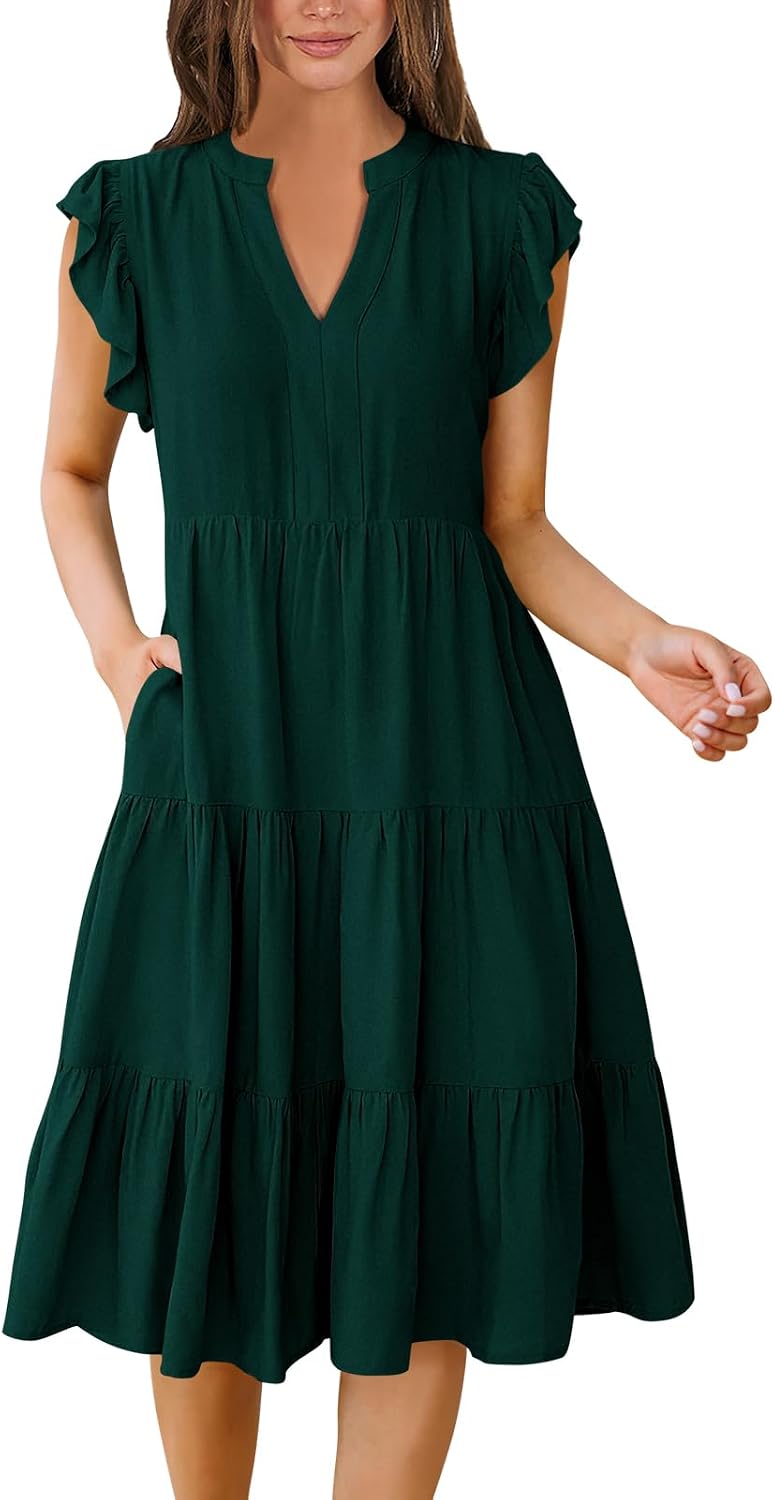ANRABESS Womens Summer Dress Ruffle Sleeve V Neck Midi Dresses | Flowy Tiered Boho Beach Sundress, Casual Fit Knee Length, Fashion Vacation Work Outfits 2026