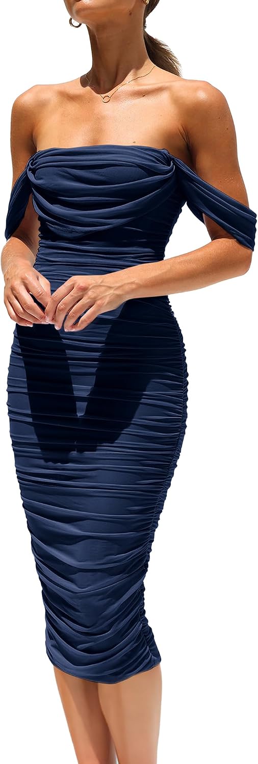 PRETTYGARDEN Women's Off Shoulder Bodycon Tube Midi Dress | Stretchy Ruched Mesh, Draped Sleeves, Elegant Dinner Party Dresses, Spring Summer Outfits for Wedding, Homecoming, Date Night