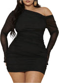 Floerns Women's Plus Size Off The Shoulder Mesh Long Sleeve Mini Dresses | Off The Shoulder, Sheer Mesh, Bodycon, Club, Going Out Dresses, Birthday Party Fall Outfits