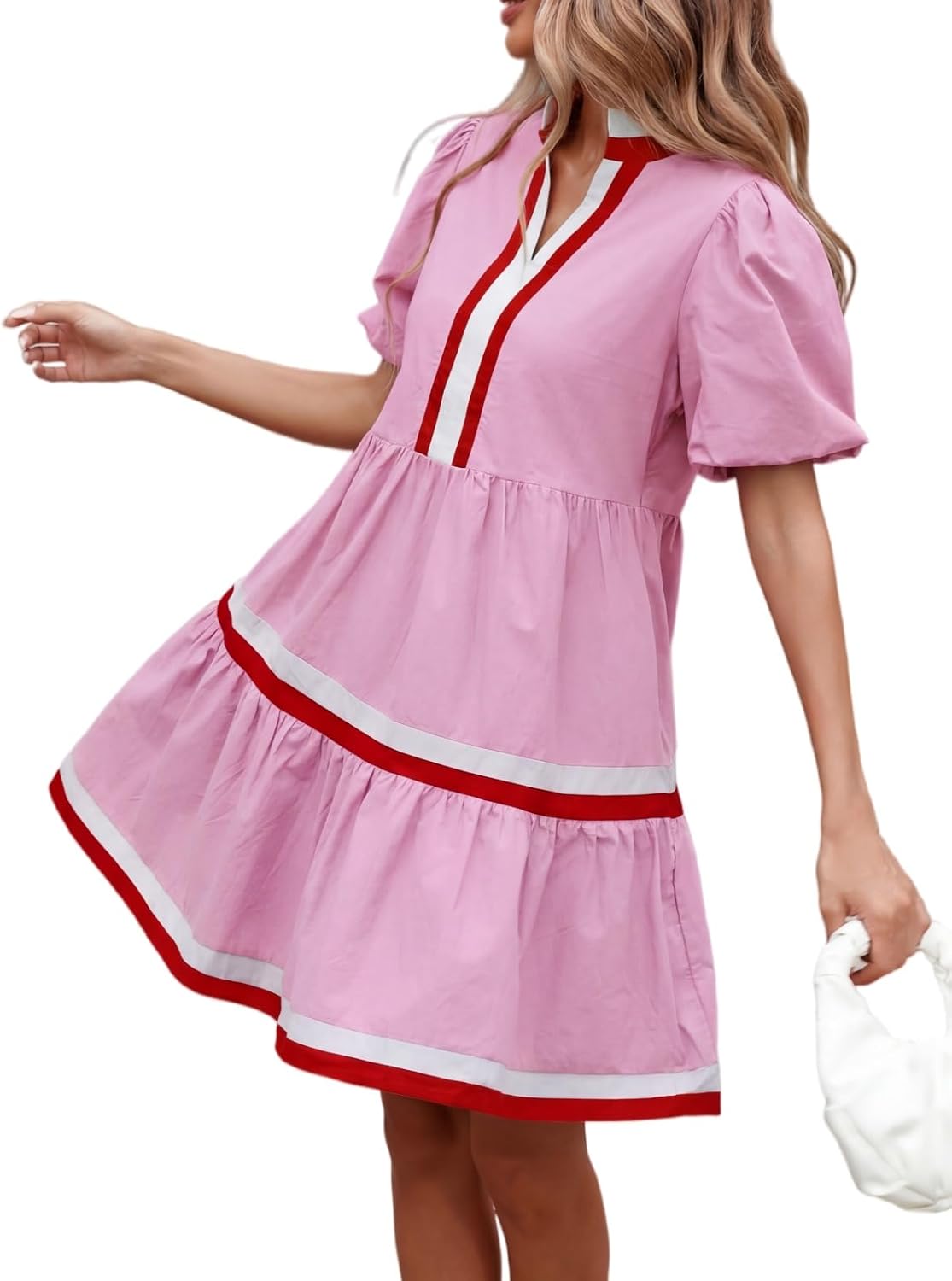 LifeShe Womens Puff Sleeve Babydoll Dress V Neck Navy Blue Striped Color Block Tiered Mini Dresses