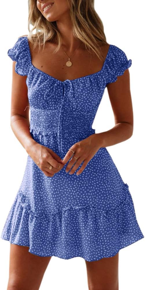 YOBECHO Women Summer Sundress Cap Sleeve Sweetheart Neck Print Mini Dress | Sundresses, Smocked Waist, Boho Floral, Flowy Ruffle Hem, Beach, Country Concert, Date Night