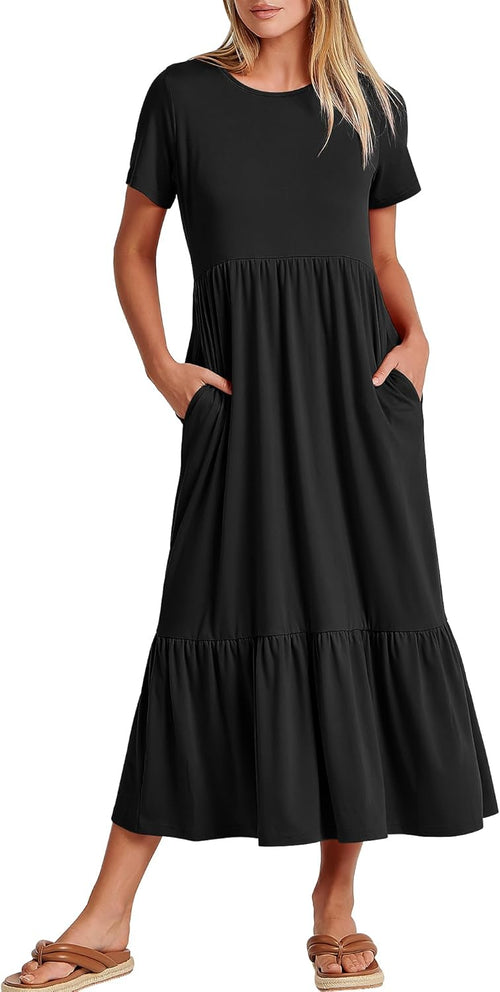 ANRABESS Womens 2026 Summer Casual Short Sleeve Maxi Dress with Pockets | A-Line Tiered Flowy Crewneck T Shirt Dresses，Comfy Modest Long Dress，Beach Travel Vacation Sundress，Work Teacher Outfits