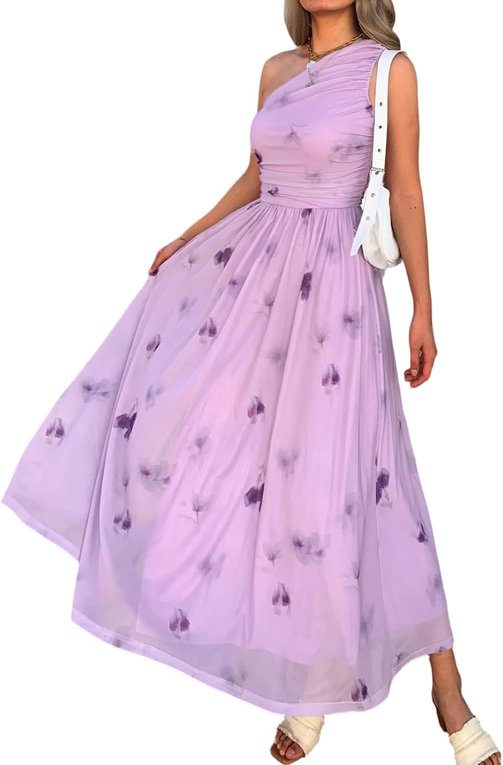 Evzeiem Women One Shoulder Floral Wedding Guest Maxi Dresses | Spring Summer Boho Beach Vacation Resort Dress,Flowy Party Garden Cruise Outfit Sundress, Ruched Mesh Night Out Formal Dress