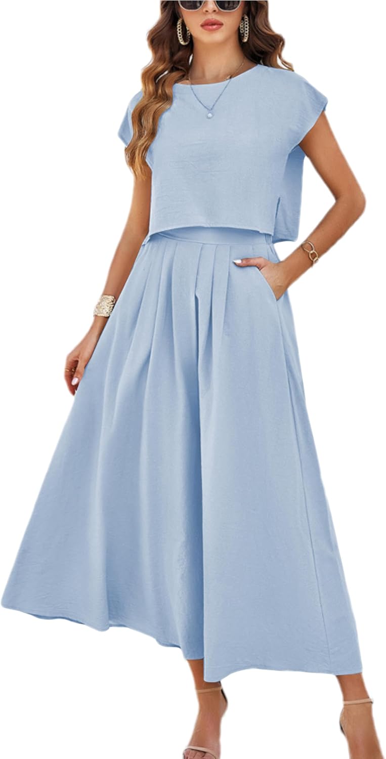 HangNiFang Summer Skirt Sets Women 2 Piece Outfits Maxi Dress Sets Pocketed | Cap Sleeve Side Split Tops, Elastic Waist Maxi Dress, Two Piece Skirt Sets, Two Side Pockets, Flowy Skirt, Cool Fabric
