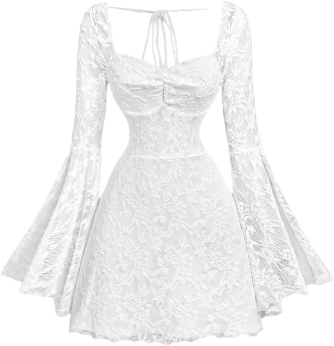WDIRARA Women's Floral Jacquard Gothic Bell Long Sleeve Dress | Mesh , A Line, Vintage